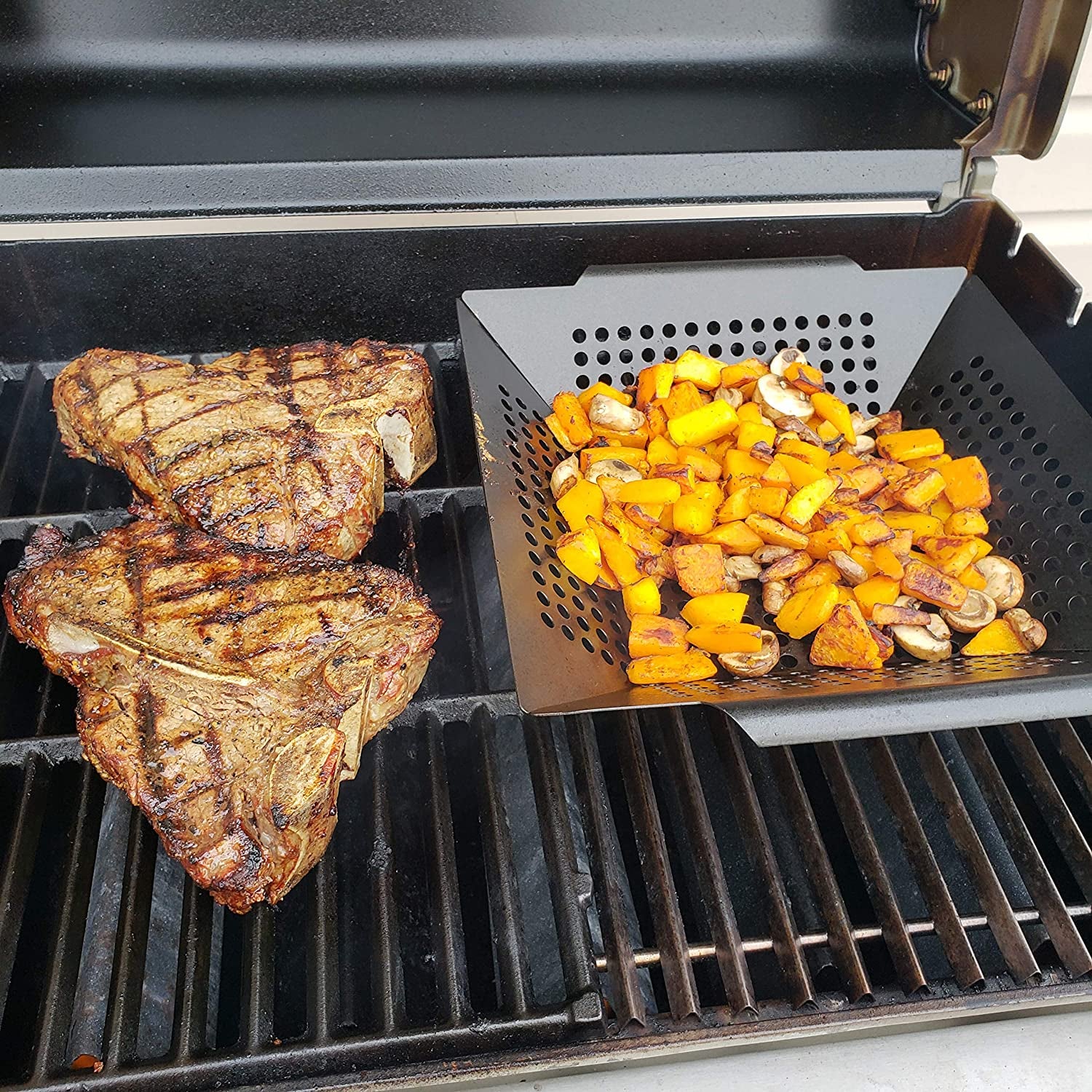 Kona Extra Large Grill Basket for Veggies - Premium Nonstick Grilling Basket/Grill Net - Essential Grilling Accessories for Outdoor Grill & BBQ, 14X13X4 Inches