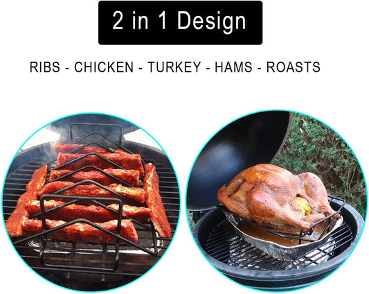 BBQ Rib Racks for Smoking and Grilling,Turkey Roasting Rack Roast Rack Dual Purpose Fit for Large Big Green Egg and Kamado Joe,Primo,Vision,18 Inches and Bigger Grill