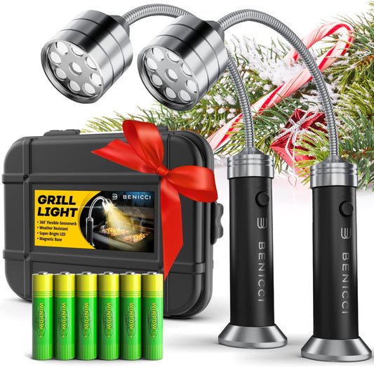 Flexible LED BBQ Grill Lights Set of 2 - the Perfect Grilling Accessories Light with 360-Degree Magnetic Base and Gooseneck - 100% Portable Weatherproof Outdoor Lamp W/ 6 Batteries Included