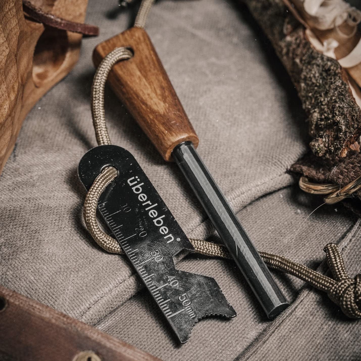 Überleben Zünden Fire Starter - Traditional Ferro Rod, Handcrafted Wood Handle - 5/16", 3/8", & 1/2" Thick Fire Steel - 12,000-20,000 Strikes - Survival Igniter with Neck Lanyard & Multi-Tool Striker
