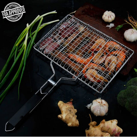 Image of Barbecue Grilling Basket,Outdoor 430 Stainless Steel BBQ Pan for Fish,Vegetable,Beef Steaks, with Removable Wooden Handle