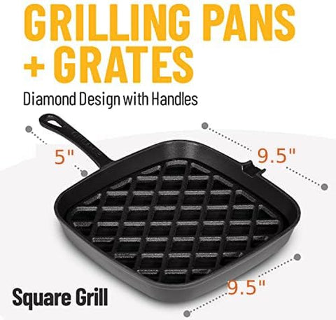 Image of Grill Pan - 2-Part Cast Iron Grill Pan with Removable Grill Grate - Square Pans for Grilling, Searing, BBQ, and More - Oven-Safe up to 450° - Ready Criss Cross Lines - Also Use as Griddle