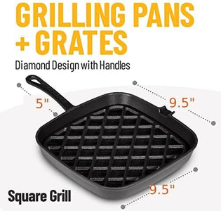 Grill Pan - 2-Part Cast Iron Grill Pan with Removable Grill Grate - Square Pans for Grilling, Searing, BBQ, and More - Oven-Safe up to 450° - Ready Criss Cross Lines - Also Use as Griddle