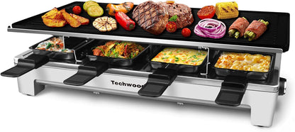 Raclette Grill,  Electric Table Indoor Grill Korean BBQ Grill, Removable 2-In-1 Non-Stick Grill Plate, 1500W Fast Heating with 8 Cheese Melt Pans, Ideal for Parties and Family Fun (Silver)