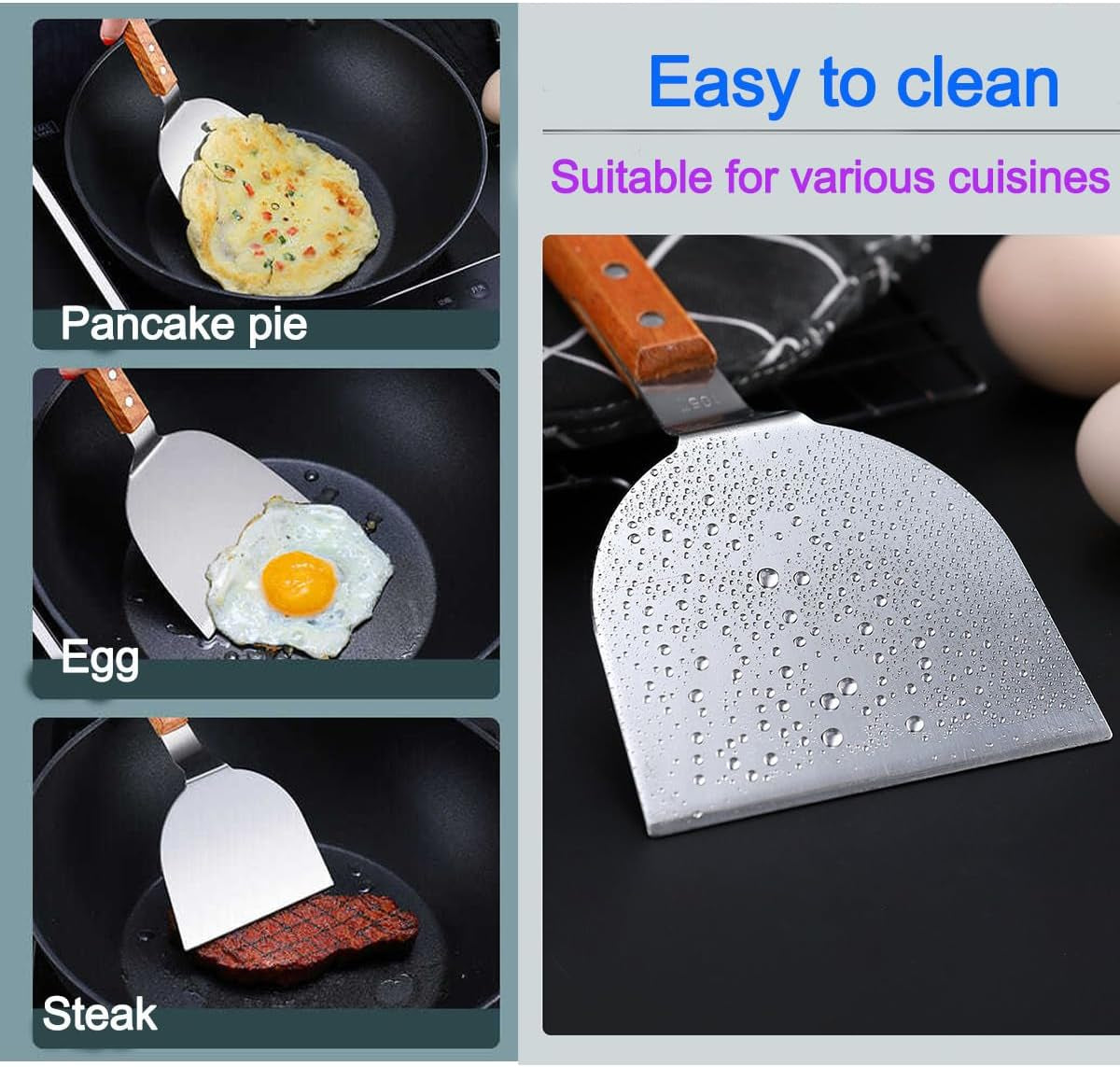 KLAQQED Spatula, Metal Spatulas Set, Stainless Steel Spatula, Fish Spatula Turner Cooking BBQ Grill Griddle Spatula, Metal Spatula for Cast Iron Skillet, Small Wide Kitchen Spatulas ​With Wood Handle