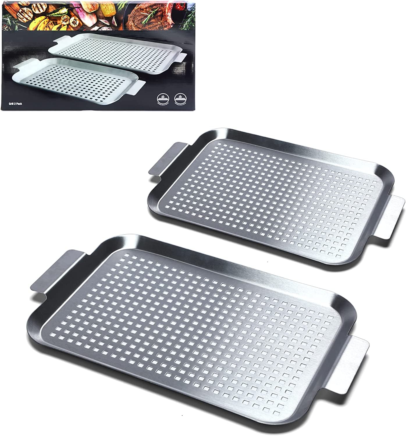 COOK TIME Grill Pan Set of 2, BBQ Grill Topper for Outdoor Grill, Stainless Steel Grilling Baskets with Holes and Handles, Perforated Food Tray Barbecue Accessories for Vegetable, Fish, Meat, Seafood