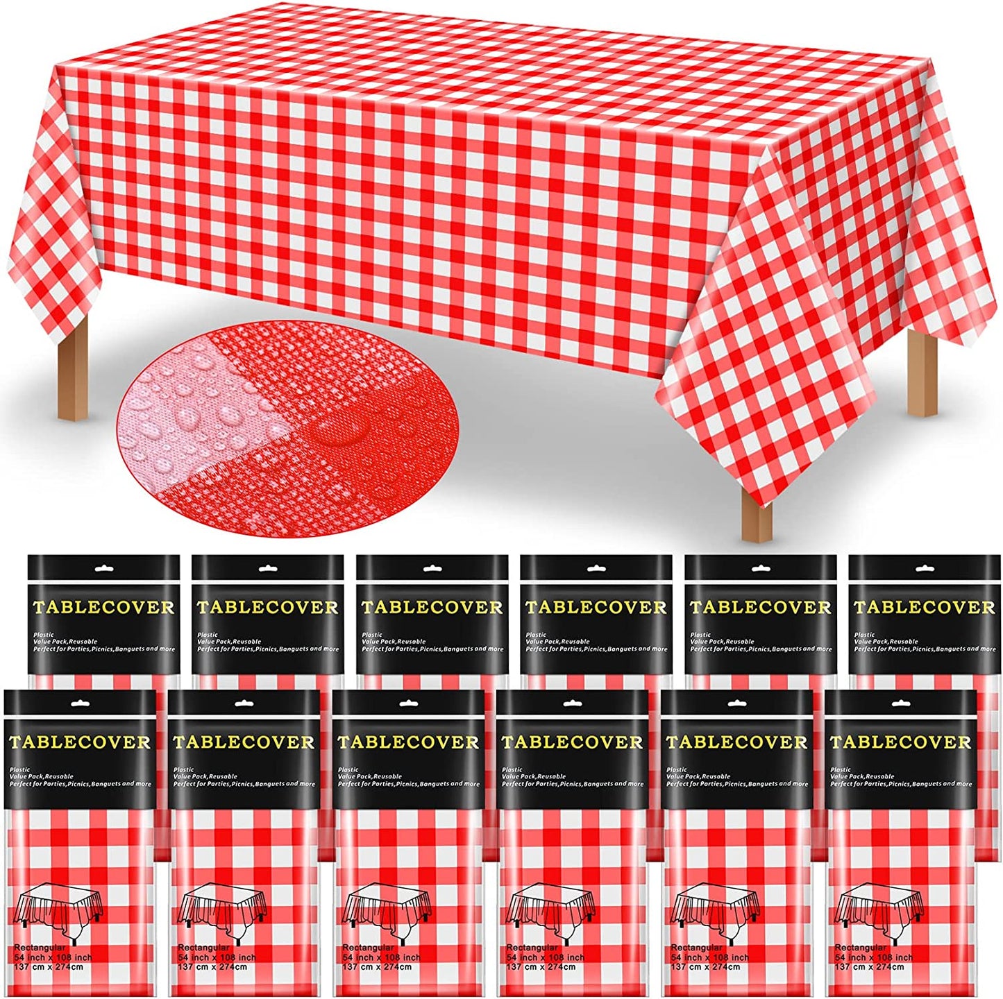 Chumia 12 Pieces Plastic Checked Picnic Tablecloth Rectangle Disposable Gingham Table Cloth 54 X 108 Inch 8 Foot Waterproof Camping Table Covers for Barbecue Holiday Birthday Parties (Red Checkered)