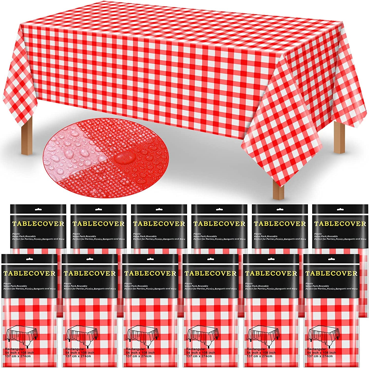 Chumia 12 Pieces Plastic Checked Picnic Tablecloth Rectangle Disposable Gingham Table Cloth 54 X 108 Inch 8 Foot Waterproof Camping Table Covers for Barbecue Holiday Birthday Parties (Red Checkered)