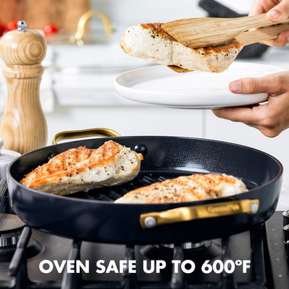 Reserve Hard Anodized Healthy Ceramic Nonstick, 11" Grill Pan with Lid, Gold Handle, Pfas-Free, Dishwasher Safe, Black