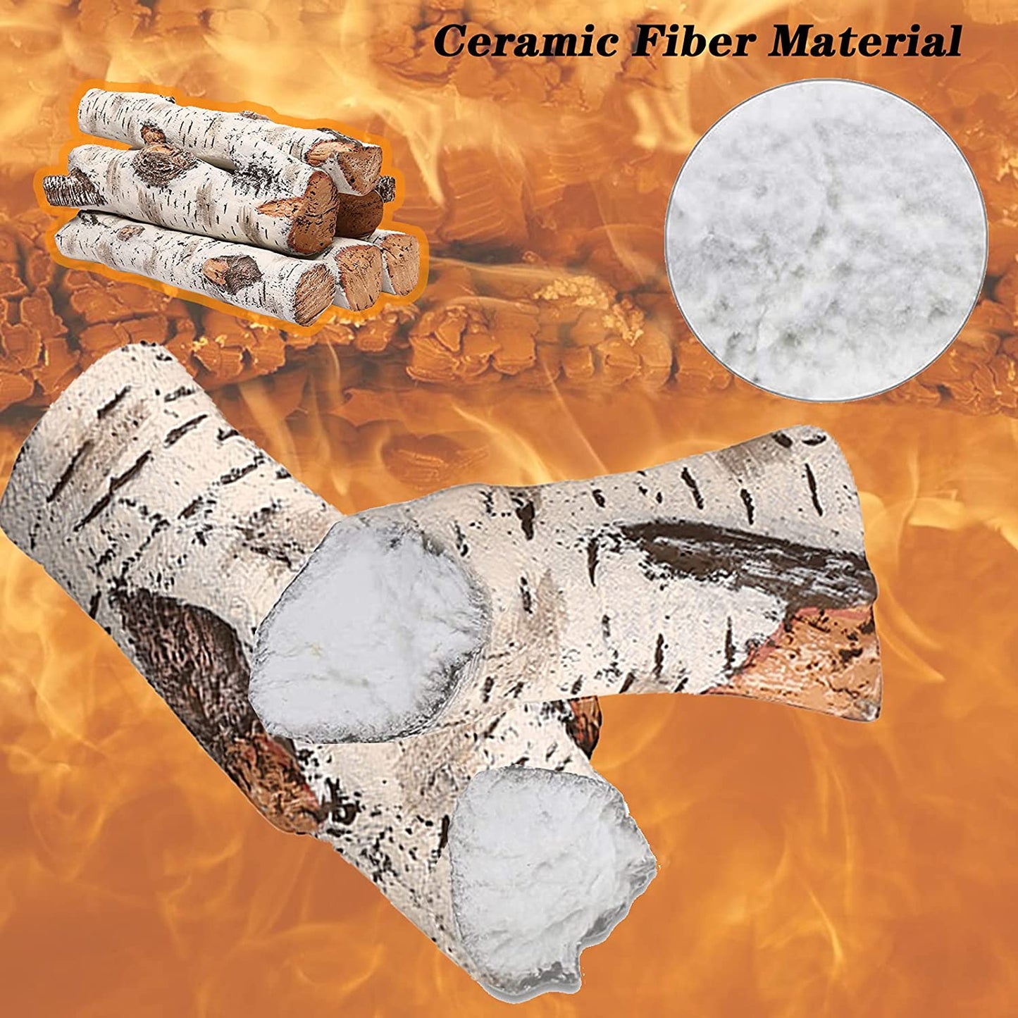 Gas Fireplace Logs Set Ceramic White Birch for Intdoor Inserts, Vented, Propane, Electric Gas Fireplaces, Outdoor Firebowl, Linear Fire Pits Ceramic Fiber Fake Wood Logs,Fireplace Decor, 6Pcs