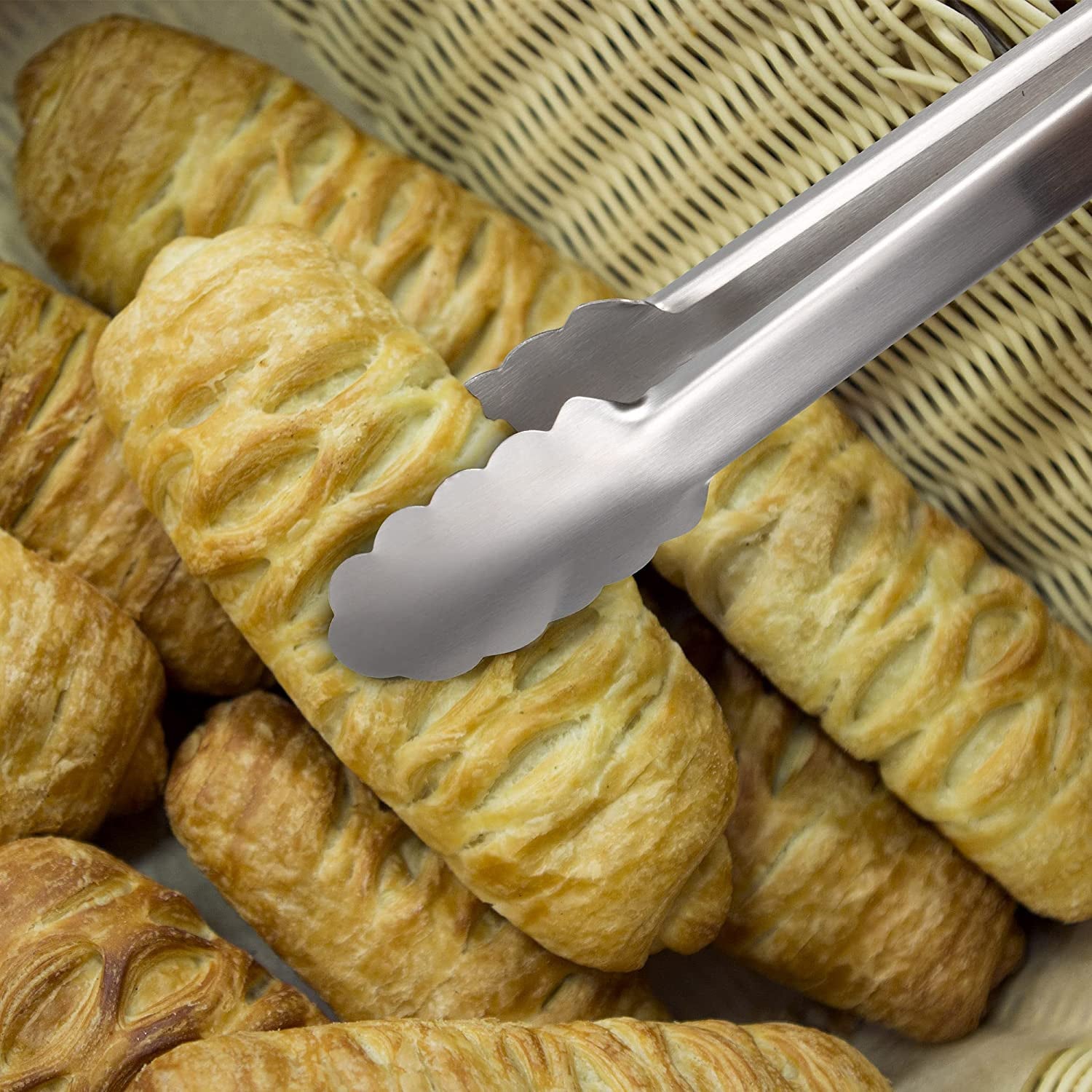 304 Stainless Steel Kitchen Cooking Tongs, 9" and 12" Set of 4 Sturdy Grilling Barbeque Brushed Locking Food Tongs with Ergonomic Grip, Red