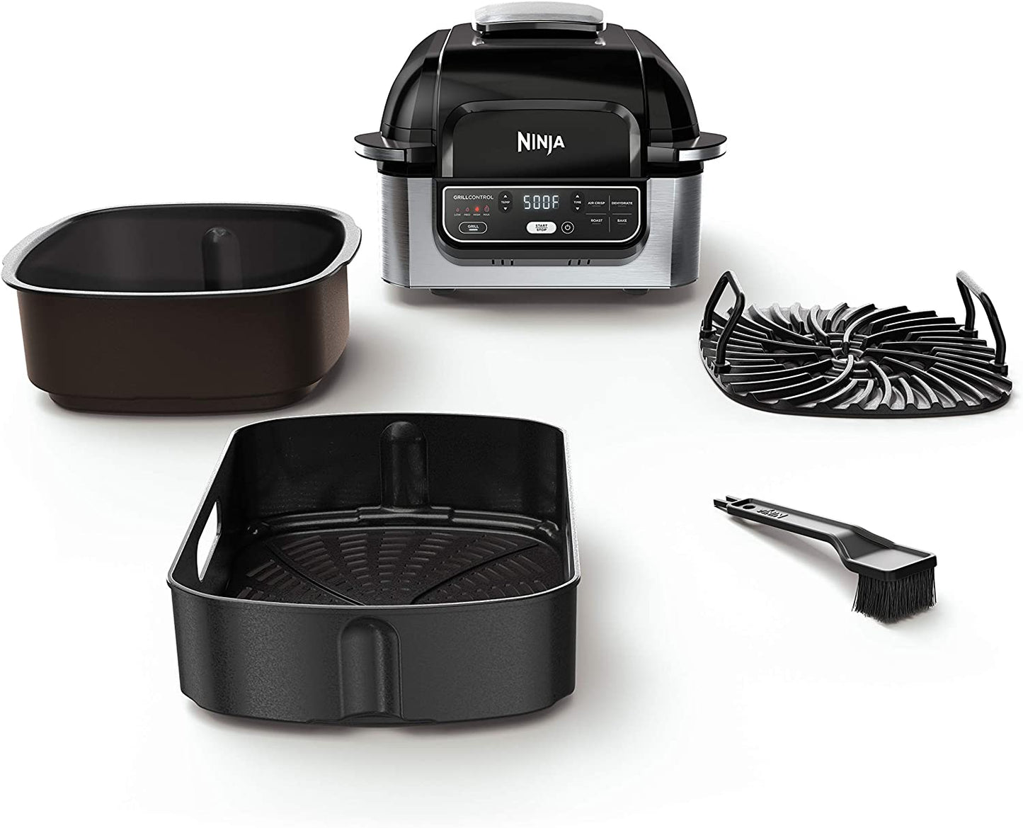 AG301 Foodi 5-In-1 Indoor Electric Grill with Air Fry, Roast, Bake & Dehydrate - Programmable, Black/Silver
