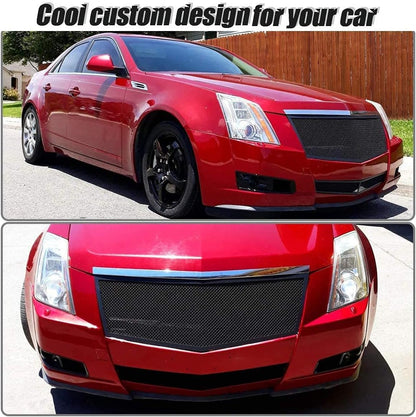 Stainless Steel Mesh Grille Grill Insert Combo Compatible with 2008 2009 2010 2011 2012 2013 Cadillac CTS Include Upper+Lower (Black Powder Coated)