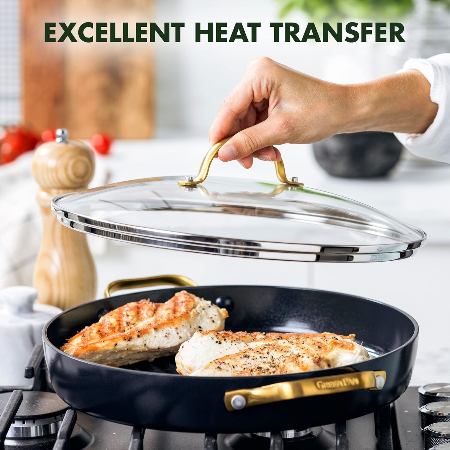 Reserve Hard Anodized Healthy Ceramic Nonstick, 11" Grill Pan with Lid, Gold Handle, Pfas-Free, Dishwasher Safe, Black