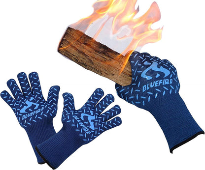 BBQ Grill Firepit Oven Mitts Highest Heat Resistance EN407 Lab Certified (X-Large, Blue)