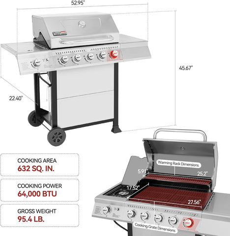 Image of GA5401T 5-Burner BBQ Propane Grill with Sear Burner and Side Burner, Stainless Steel Barbecue Gas Grill for Outdoor Patio Garden Picnic Backyard Cooking, 64,000 BTU, Silver