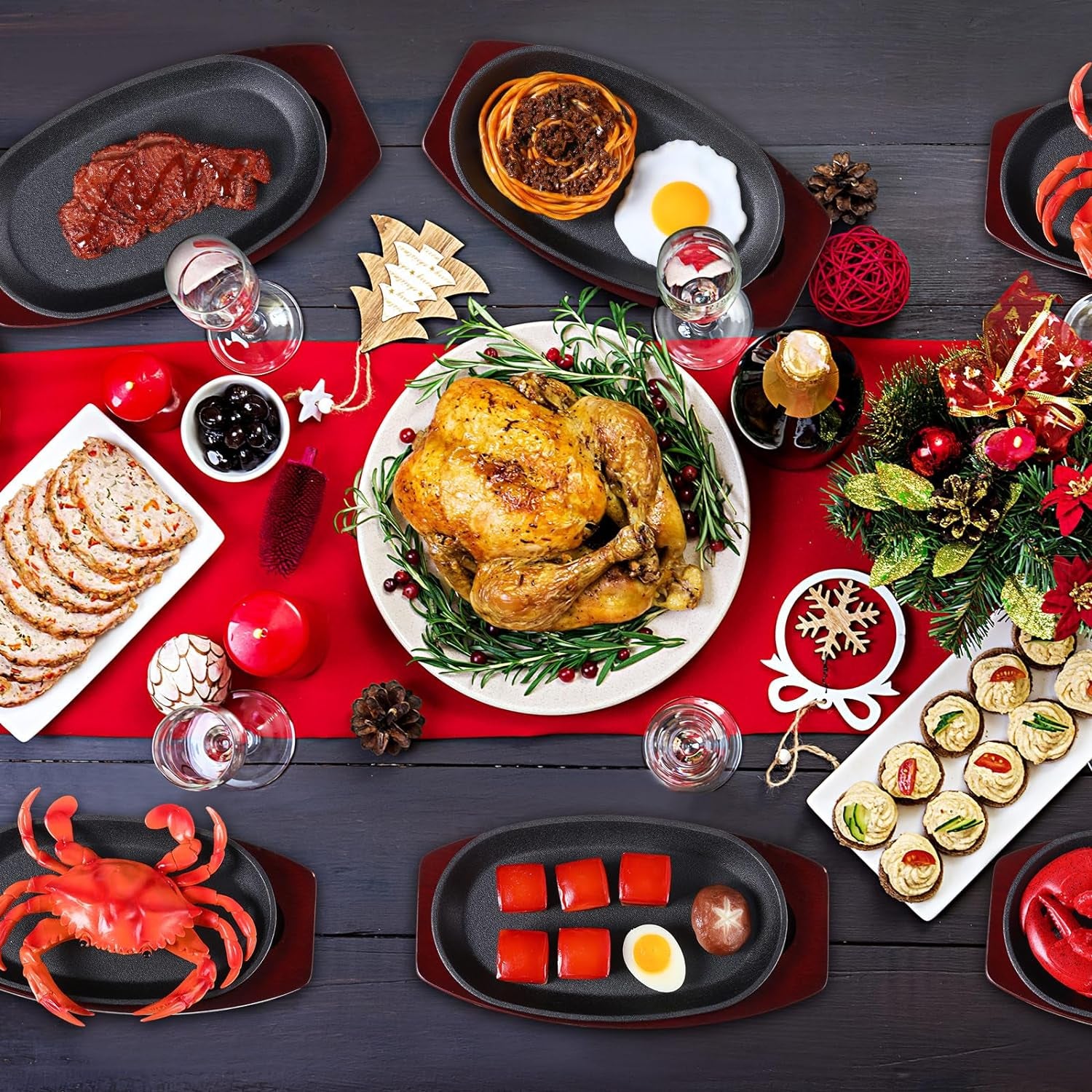 12 Pieces Oval Cast Iron Fajita Pan Set Sizzling Steak Plate with Wooden Base and Handle Cast Iron Steak Cast Iron Fajita Skillet Sizzling Plate for Home Restaurant and Barbecue Picnic