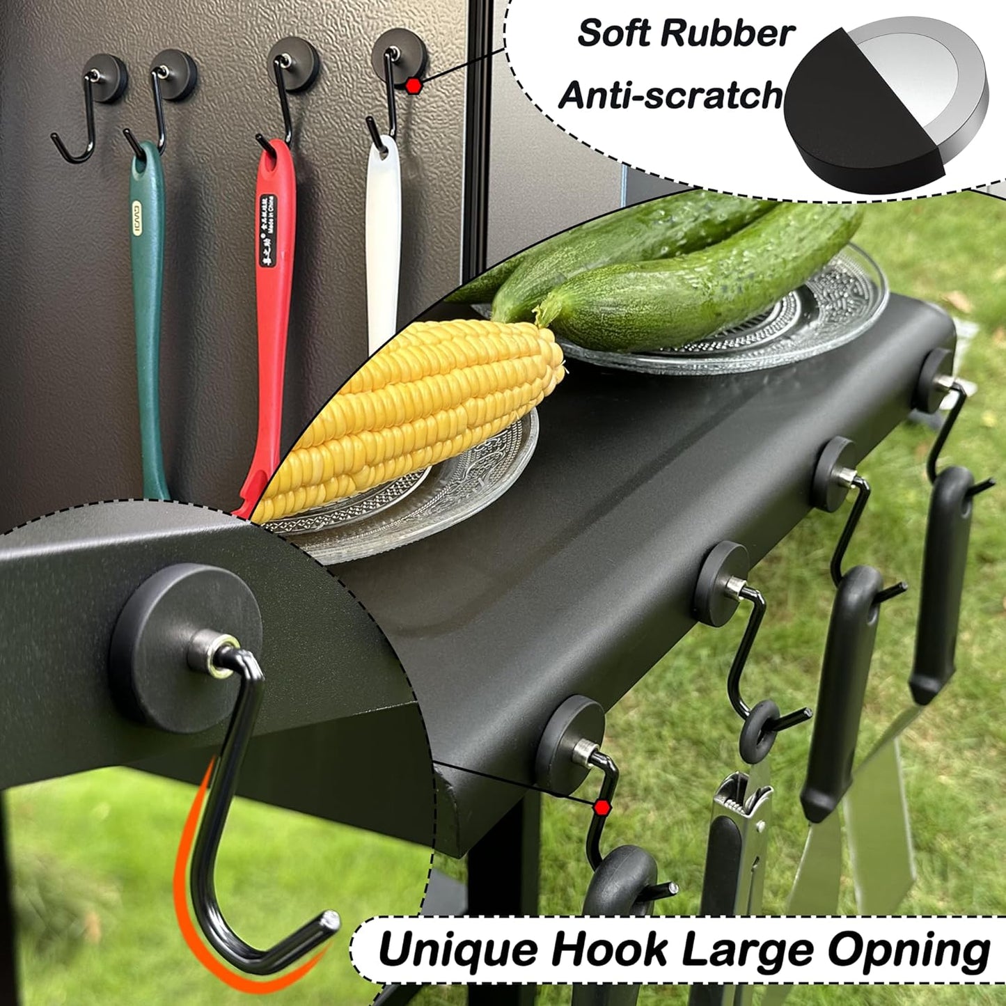 SKNOOY 4 Pack Heavy Duty Magnetic Grill Hooks, Magnet Hooks for Grill Utensils, Rust Proof Outdoor Magnetic Tools Hangers, Powerful Magnetic Hooks for BBQ Tools Refrigerator Locker Kitchen Office