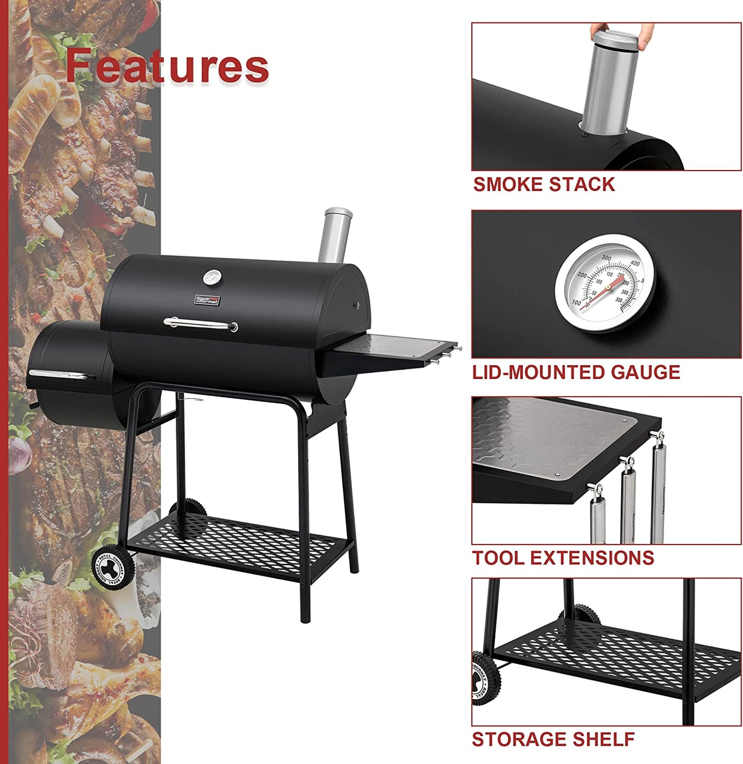 CC1830M 30-Inch Barrel Charcoal Grill with Offset Smoker, 811 Square Inches, Outdoor Backyard, Patio and Parties, Black, Large