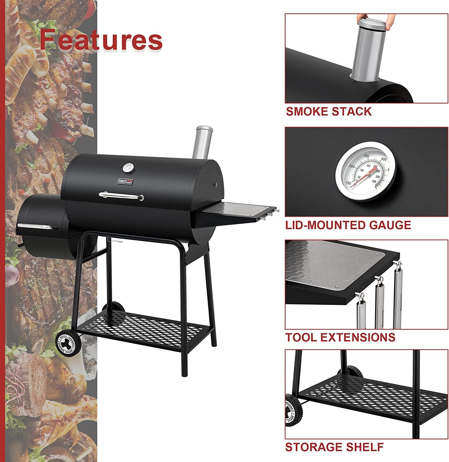 CC1830M 30-Inch Barrel Charcoal Grill with Offset Smoker, 811 Square Inches, Outdoor Backyard, Patio and Parties, Black, Large
