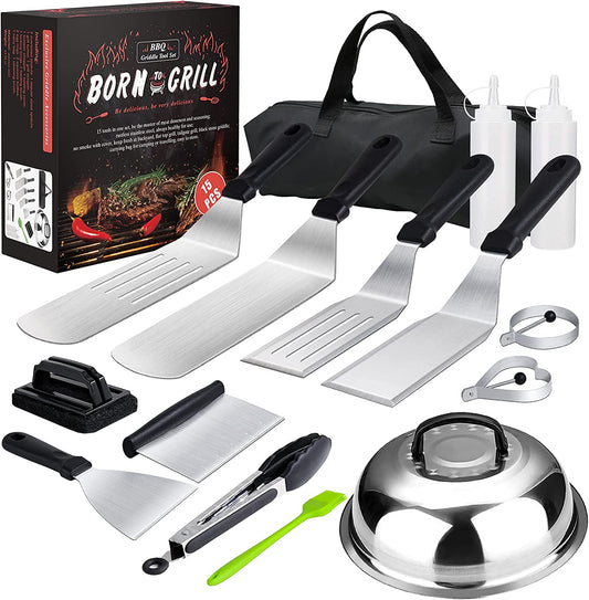 Griddle Accessories,15 Pcs Flat Top Grill Accessories Kit for Blackstone and Camp,Stainless Steel BBQ Accessories with Spatula, Basting Cover,Tongs,Egg Mold & Carry Bag for Outdoor BBQ Teppanyaki