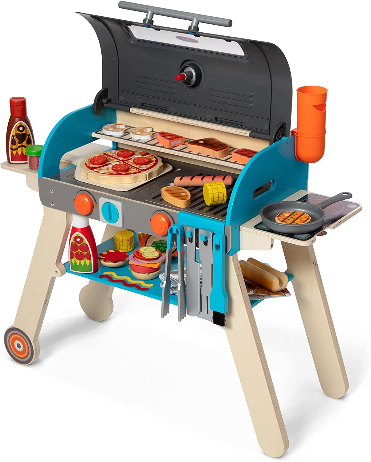 Melissa & Doug Wooden Deluxe Barbecue Grill, Smoker and Pizza Oven Play Food Toy for Pretend Play Cooking for Kids