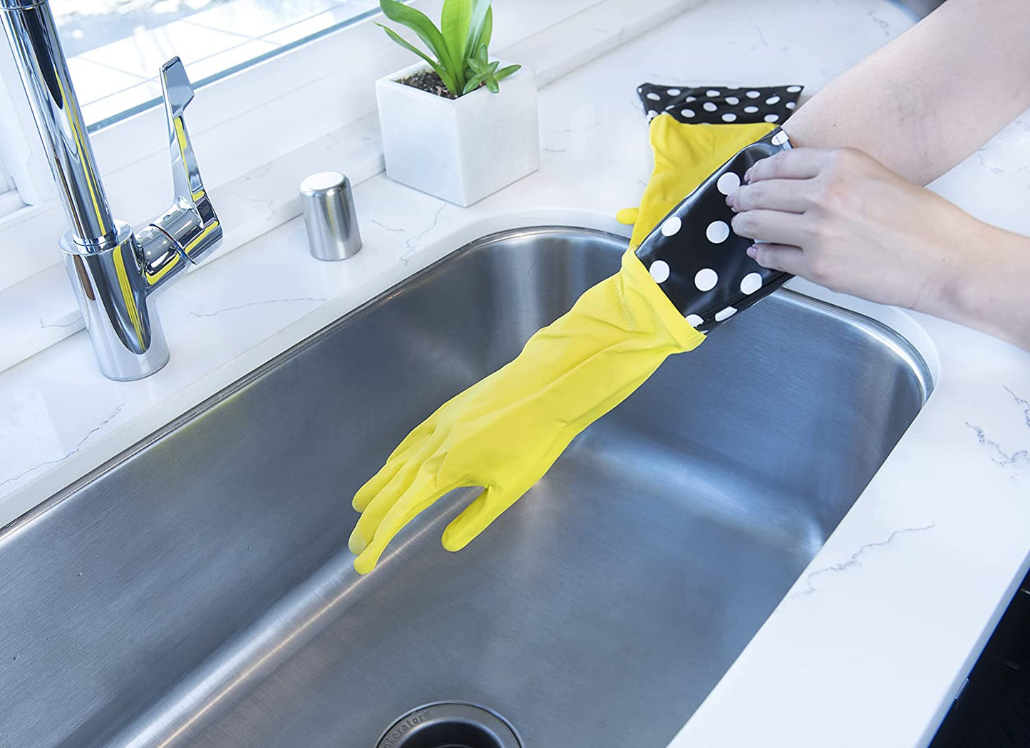 Glam Reusable Latex Dishwashing Gloves for Kitchen or Cleaning, One Size, Yellow, 3 Pairs