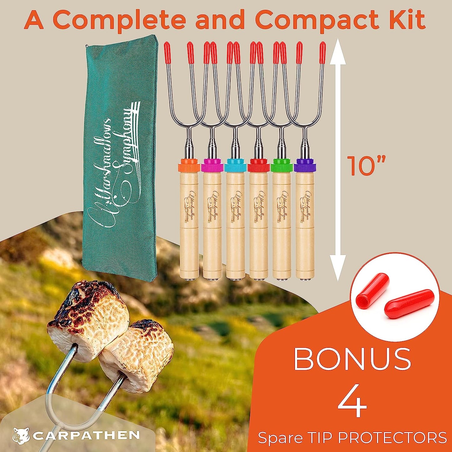 CARPATHEN Marshmallow Roasting Sticks - Set of 6 Rotating Smores Sticks - Extra Long Telescoping Marshmallow Sticks for Fire Pit, Campfire & Bonfire - Camping Accessories & Kids Gifts for Halloween