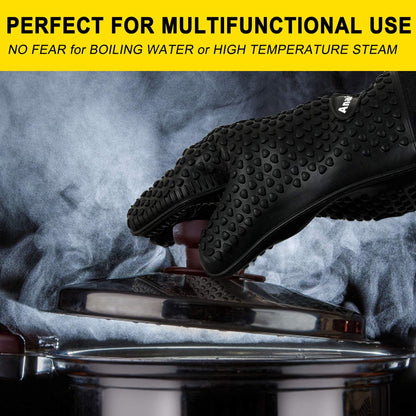 Anaeat BBQ Grilling Gloves Heat Resistant, Versatile Waterproof Cooking Gloves - 100% Cotton Lining Silicone Oven Mitts, Flexible Potholder for Barbecue, Baking - Thick Long Wrist Protection (Black)