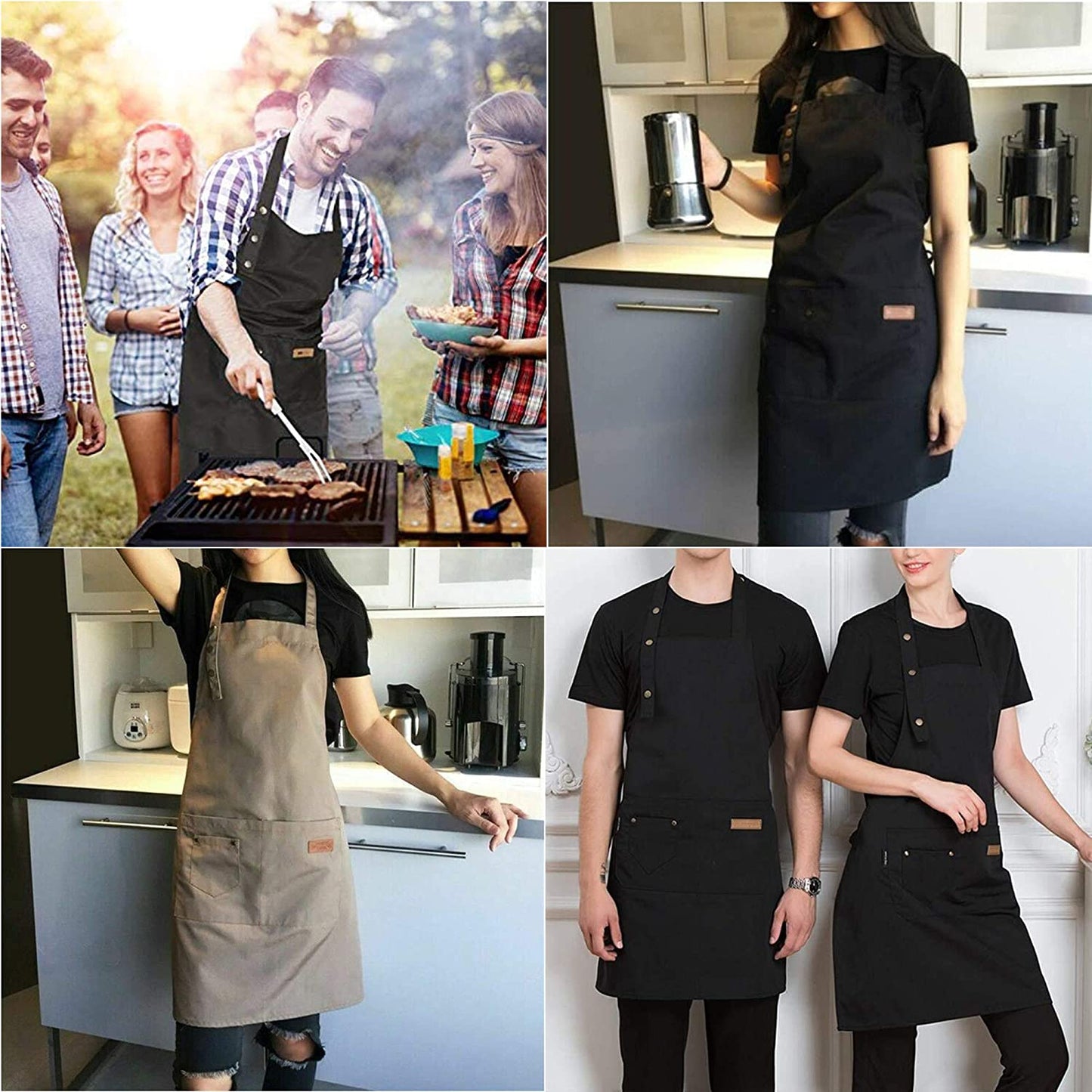 Aprons for Women Men BBQ Chef Cooking Artist Water Drop Resistant Canvas Adjustable Kitchen Apron with Pockets for Unisex Grill Baking Painting Art Stylist Dishwashing Comfortable Aprons (Khaki)