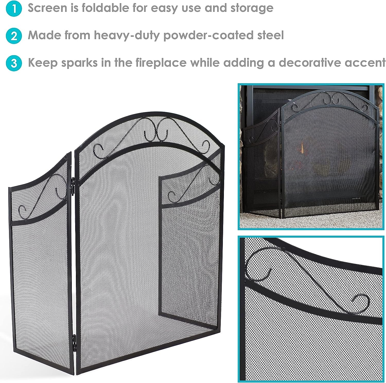 Sunnydaze Elegant Scrolling Design Steel 3-Panel Fireplace Screen with Black Powder-Coated Finish