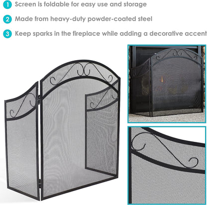 Sunnydaze Elegant Scrolling Design Steel 3-Panel Fireplace Screen with Black Powder-Coated Finish