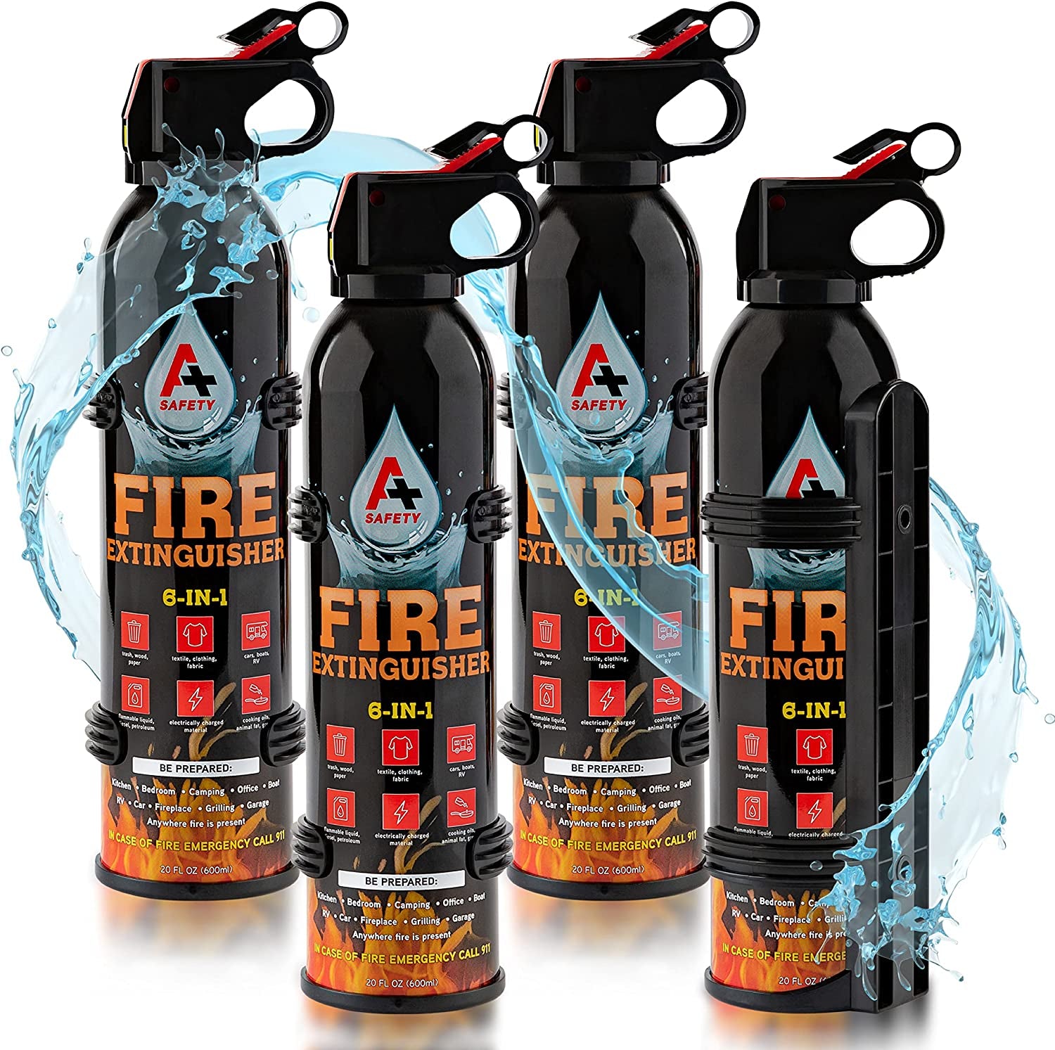 A+ Safety Portable Fire Extinguisher | 6-In-1 Small Fire Extinguisher for Home, Garage, Kitchen, Car | for Electric, Textile and Grease Fires | Non-Toxic, Easy Clean | Wall Mount Incl (4PK)