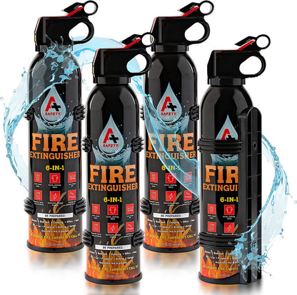 A+ Safety Portable Fire Extinguisher | 6-In-1 Small Fire Extinguisher for Home, Garage, Kitchen, Car | for Electric, Textile and Grease Fires | Non-Toxic, Easy Clean | Wall Mount Incl (4PK)