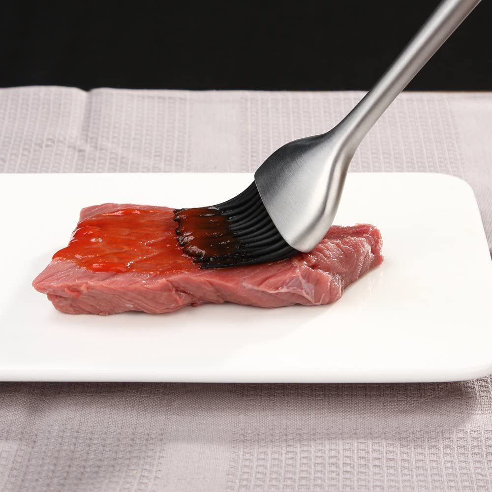 Heavy-Duty BBQ Basting Brush by HQY - Silicone Bristles with 12 Inch Stainless Steel Handle - Make Grilling Easy - 5 Year Guarantee
