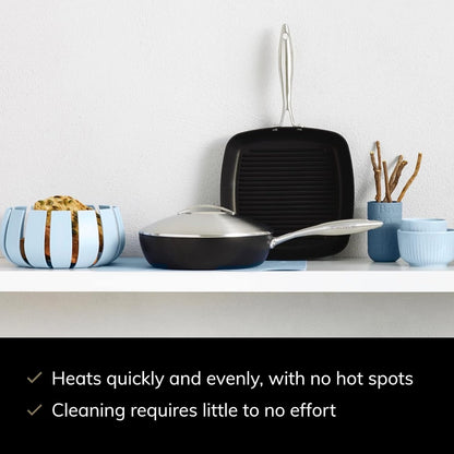 Professional 10.5” Square Grill Pan - Easy-To-Use Nonstick Cookware - Dishwasher, Metal Utensil & Oven Safe - Made in Denmark