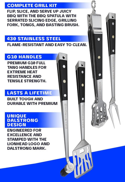 4-Piece Professional BBQ Pitmaster Grill Set - Premium High-Carbon Stainless Steel Grilling Accessories - 18 Inch Length - Silicone Brush, Spatula, Tongs, Fork - G10 Handles Kitchen Set
