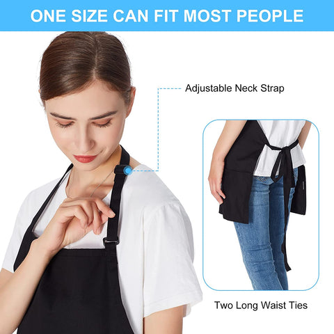 Image of 2 Pack 3 Pockets 100% Cotton Adjustable Bib Apron Chef Kitchen Cooking Aprons for Women Men, Black