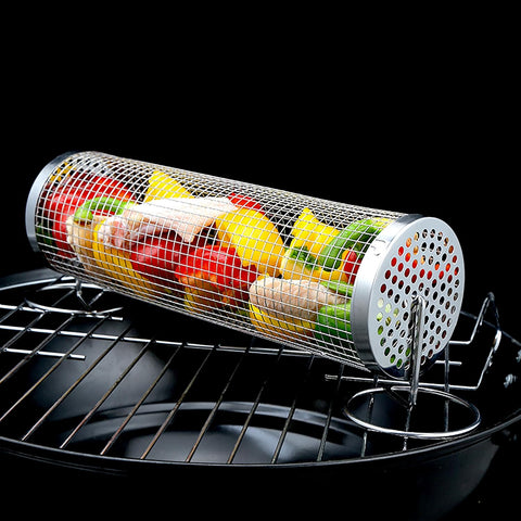 Image of Rolling BBQ Grilling Basket for Outdoor | Versatile Stainless Steel Barbecue Grill | round Mesh Cylinder Accessories | Camping Rack for Cooking - 1 PCS