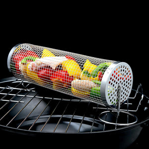 Rolling BBQ Grilling Basket for Outdoor | Versatile Stainless Steel Barbecue Grill | round Mesh Cylinder Accessories | Camping Rack for Cooking - 1 PCS