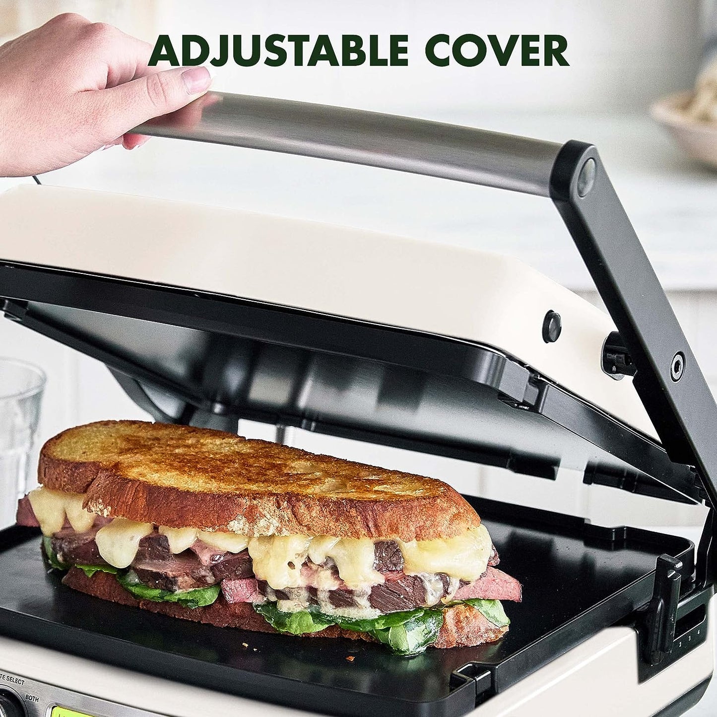 Elite 7-In-1 Multi-Function Contact Grill & Griddle, Healthy Ceramic Nonstick Aluminum, Two Sets of Grill & Waffle Plates, Adjustable Shade & Shear, Closed Press/Open Flat Surface,Cream White