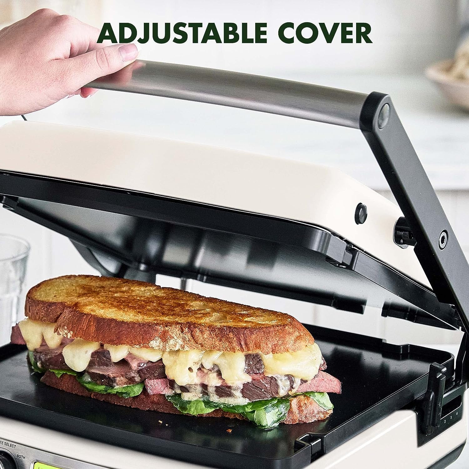 Elite 7-In-1 Multi-Function Contact Grill & Griddle, Healthy Ceramic Nonstick Aluminum, Two Sets of Grill & Waffle Plates, Adjustable Shade & Shear, Closed Press/Open Flat Surface,Cream White