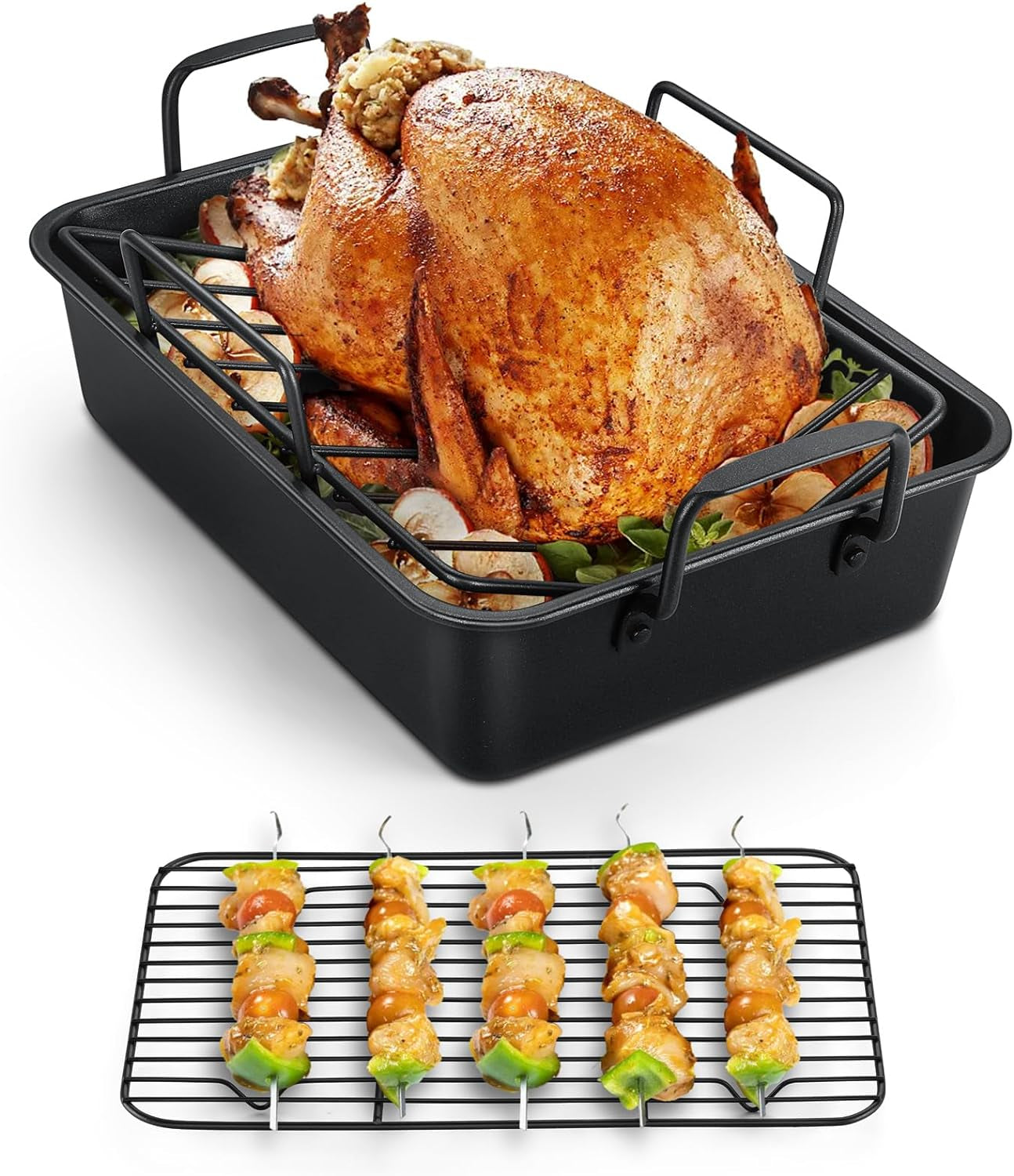 Teamfar Roasting Pan, 14Inch Coated Turkey Roaster Lasagna Pan with V-Shaped Rack & Flat Rack, Non-Stick Coating & Stainless Steel Core, Healthy & Heavy Duty, Deep Sides & Easy to Clean, Set of 3