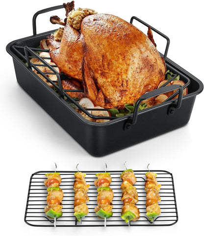 Teamfar Roasting Pan, 14Inch Coated Turkey Roaster Lasagna Pan with V-Shaped Rack & Flat Rack, Non-Stick Coating & Stainless Steel Core, Healthy & Heavy Duty, Deep Sides & Easy to Clean, Set of 3