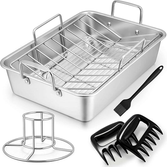 Teamfar Roasting Pan, Stainless Steel Large Turkey Roaster Pan with V Rack & Cooling Rack, Beer Can Chicken Holder & Meat Claws for Shredding & Silicone Brush, Healthy & Dishwasher Safe - 7 Pcs