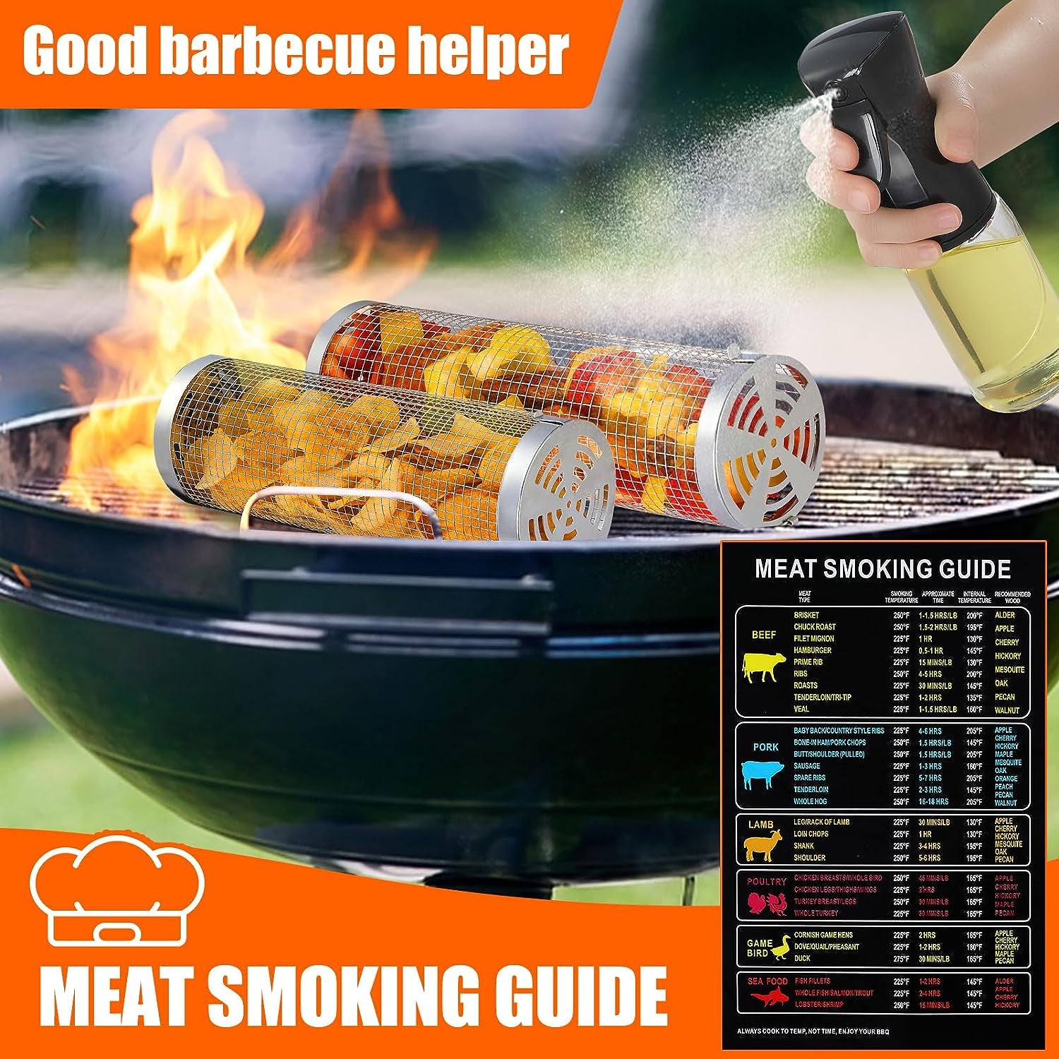 2 Pcs Rolling Grilling Baskets for Outdoor Grilling, BBQ Stainless Steel Grill Accessories Set for Outdoor Grill, Grill Baskets Suitable for Vegetable,Fries,Fish, Shrimp, Grill BBQ Net Tube with Barbecue Accessories