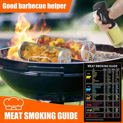 2 Pcs Rolling Grilling Baskets for Outdoor Grilling, BBQ Stainless Steel Grill Accessories Set for Outdoor Grill, Grill Baskets Suitable for Vegetable,Fries,Fish, Shrimp, Grill BBQ Net Tube with Barbecue Accessories