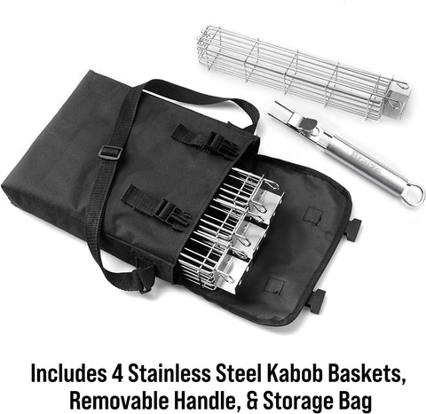 Image of Large Kabob Grilling Basket Set of 4 with Removable Handle. Stainless Steel Construction with a Larger Capacity (12 X 2 X 2) and Secure Easy-Latch Lid. (With Storage Bag)