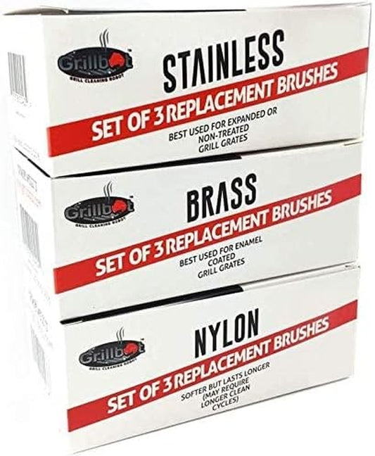 Automatic BBQ Grill Cleaning Robot Replacement Brush - Grill Cleaner Parts, Grilling Accessories, Wire Brush Tool, Metal Brush - Set of 3 Each Stainless Steel, Nylon and Brass Variety Pack