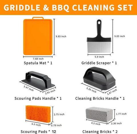 Image of Griddle Cleaning Kit for Blackstone, Flat Top Grill Accessories Cleaner Tool Set- 1 Griddle Scraper, 2 Grill Stone, 1 Heat-Resistant Silicone Spatula Mat, 12 Scouring Pads and 2 Handle, Total 18Pieces